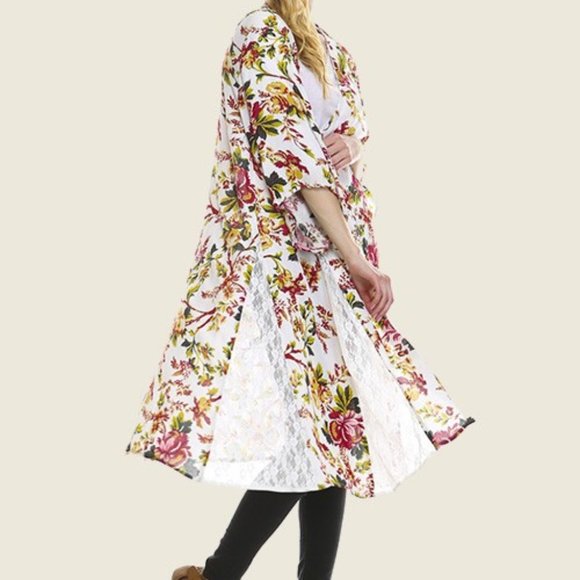 Lightweight jacket Kimono boho floral pattern with lace inserts - Picture 2 of 7